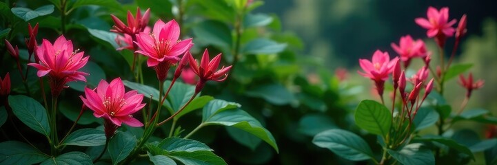 Dark green foliage with clusters of pink Alstroemeria flowers and stems, foliage, stem, plants