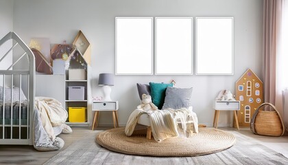 Whimsical Childs Dreamland Vibrant Mockup Posters Enhance a Cozy, Playful Child Room Interior, Fusing Modern and Retro Design Elements, Creating a Space of Endless Creativity.
