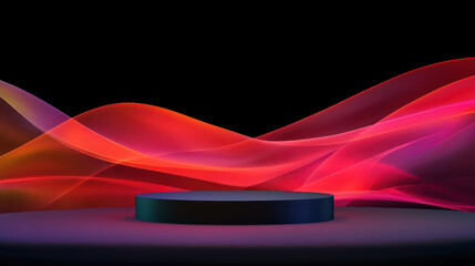 A vibrant, abstract background featuring flowing waves of red and orange colors, with a dark circular platform in the center against a black backdrop.