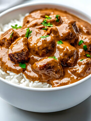 Beef stew with rice, close-up, food photography, recipe