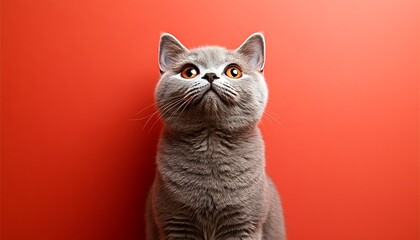Gray cat looking up on coral background
