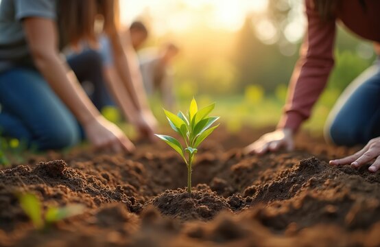 People plant sprout in soil. Reforestation project with new growth tree, environmental and ecology volunteering, earth day, csr initiative, save nature together with community.