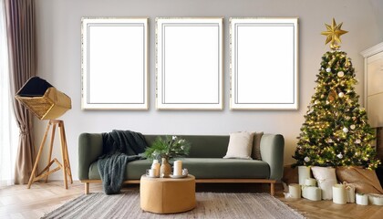 Elegant Scandinavian Christmas Ambiance A Cozy Living Room Decorated with Minimalist Mock Posters, Bringing Warmth and Cheer in a Cool Winter Scene.