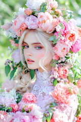Blonde woman floral crown, spring garden, beauty portrait, cosmetics ad