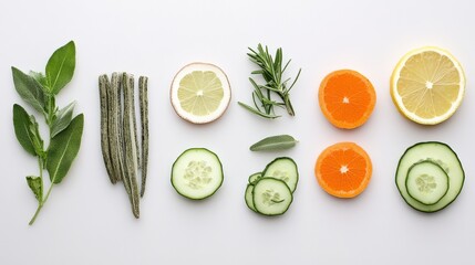 Fresh assortment of herbs and citrus fruits arranged on a clean surface for culinary use