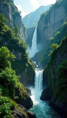 Fototapeta premium Emerald Waterfalls cascading down rugged granite walls, ancient landscape, vegetation, waterfalls