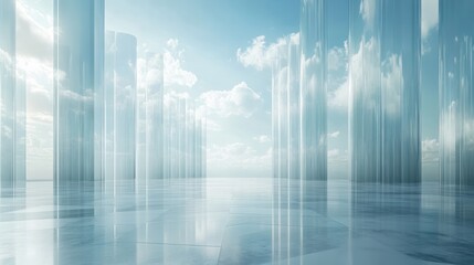 Glass columns, sky backdrop, reflective floor, modern space, design concept