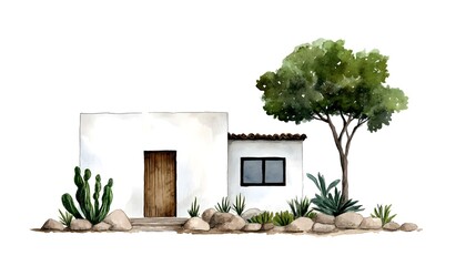 Charming watercolor illustration of a modern house with greenery and desert landscape elements