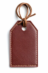 Brown leather gift tag, tied with twine, isolated, blank