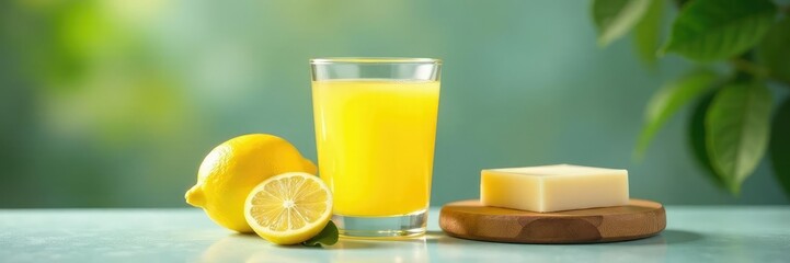 Fototapeta premium Freshly squeezed lemon juice in a glass with a bar of soap nearby, table, clean