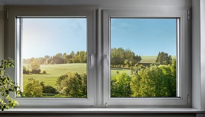 Silver Aluminium Window Frame Framing a Tranquil Urban Landscape at Twilight, Showcasing Textured Glass and Cool Metallic Lines, Invoking a Sense of Calm Elegance.