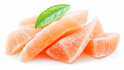 Candied grapefruit segments, leaf garnish, white background, food photography, recipe websites