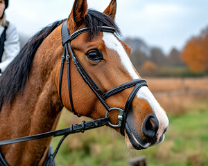 Chestnut horse portrait, autumnal field background