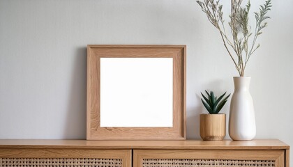 Modern Minimalist Wooden Square Frame Mockup on a Rustic Cabinet in the Spotlight at Twilight