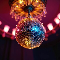 Obraz premium Glittering disco ball suspended from ornate chandelier, glitter, chandelier, disco