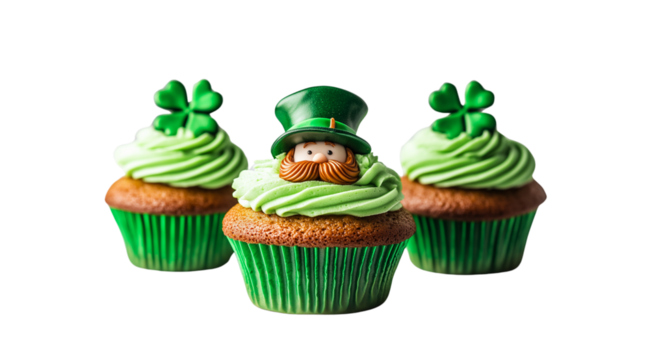 St. Patrick's Day, PNG, Holiday cupcakes, isolated on white, created with Generative AI technology