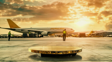 The image shows an airport scene at sunset, featuring an aircraft, personnel on the tarmac, and a prominent circular platform.