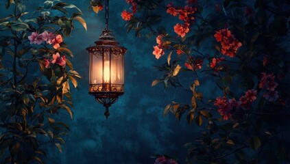 Hanging lantern in floral garden at night