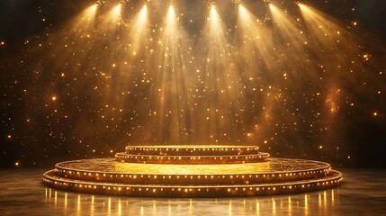 Golden stage podium illuminated by spotlights