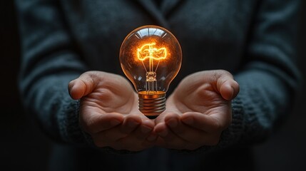 Woman's hands holding glowing vintage lightbulb