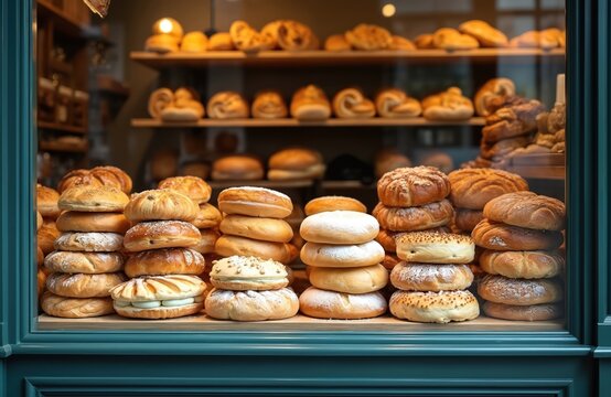 Bakery display window showcases assortment of freshly baked goods. Cakes, bread, buns on shelf looks deliciously. Sweet, savory temptations from local french store. Warm inviting atmosphere.
