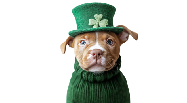 St. Patrick's Day, PNG, Dog in holiday costume, isolated on white, created with Generative AI technology - Powered by Adobe