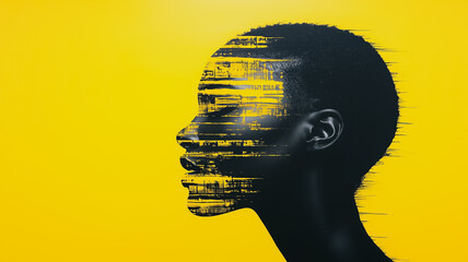 Mind's Digital Canvas: A striking profile portrait of a person's face, where the human form merges with digital elements, resulting in a mesmerizing fusion.