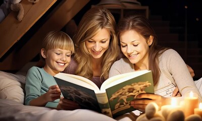 Family bedtime story, cozy attic room, candlelight - Powered by Adobe