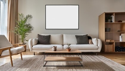 Modern Living Room Showcasing a Striking White Blank Poster Frame, Boasting Minimalist Elegance and Sophistication with an Air of Contemporary Chic and Timeless Style.