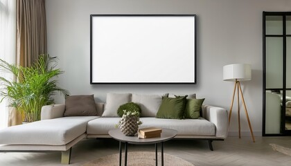 Modern Living Room Showcasing a White Blank Poster Frame, Fusing Minimalist Aesthetics and Bold Geometry in a Contemporary Space, Exuding a Sense of Sophistication and Tranquility.