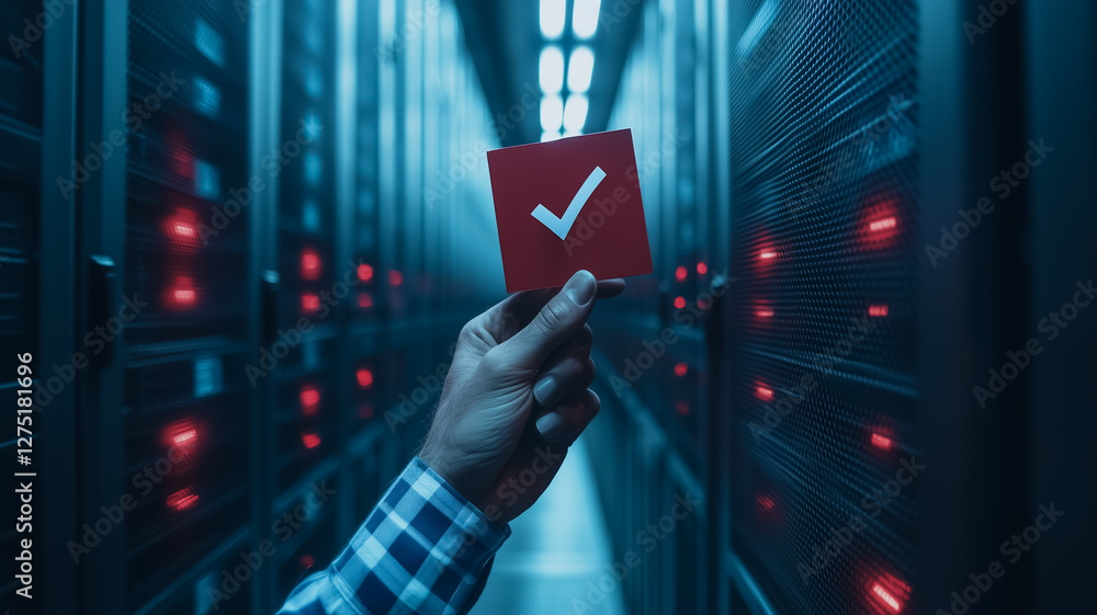 Poster data center validation: a close-up shot of a hand holding a red card with a checkmark in a data cent