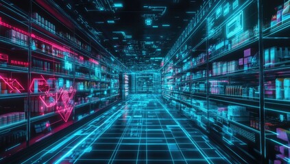 Futuristic digital supermarket aisle