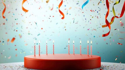 A vibrant birthday cake with lit candles, surrounded by colorful confetti and streamers, creating a festive atmosphere.