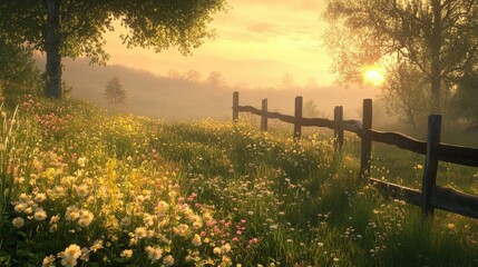 Obraz premium Sunset serenity a tranquil meadow scene with wildflowers and a rustic fence in nature's embrace