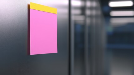 A vibrant pink sticky note with a yellow top strip attached to a metallic surface in an office setting