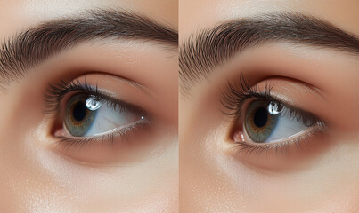 Fototapeta premium before and after woman's face showing lash growth, lift, or extensions close up