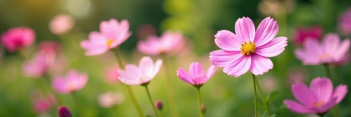Fototapeta premium Pastel pink cosmos flowers bloom in a lush garden, nature scene, pastel colors, delicate blooms