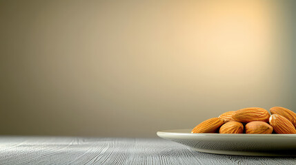 A close-up view of almonds on a plate, set against a soft, neutral background, showcasing their natural texture and color.