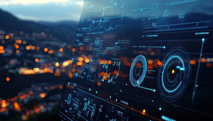 Futuristic HUD display overlooking city at dusk