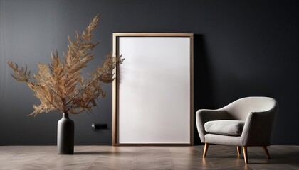 Dark Home Interior Mockup with Armchair and Branch Vase 3D Render Showcasing Rich Textures and Moody Ambience in Contemporary Decor