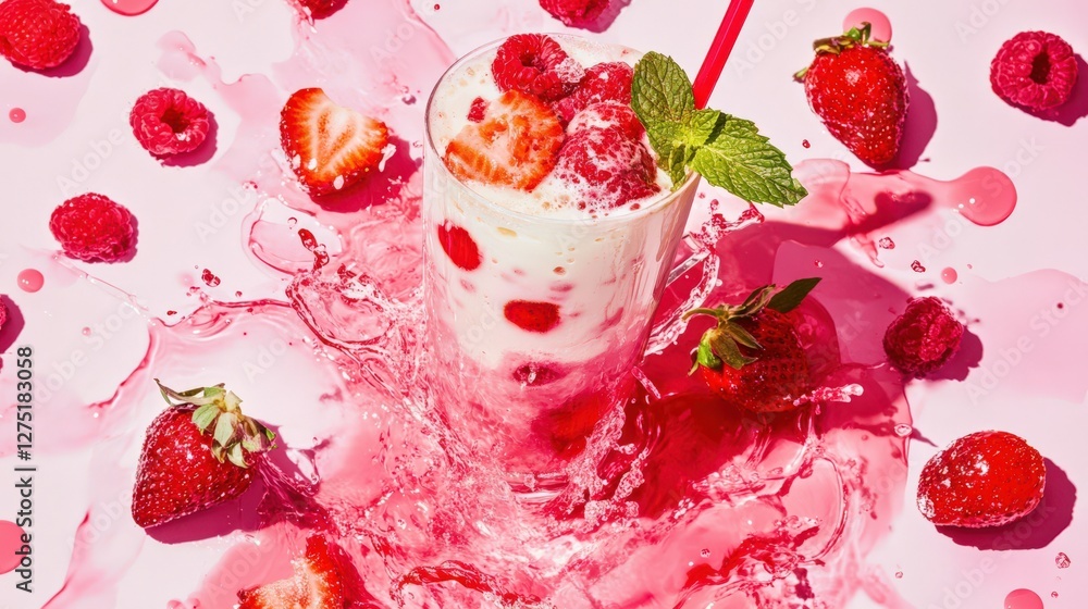 Poster refreshing strawberry and raspberry smoothie splashing against a vibrant pink backdrop