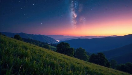 Hills roll gently towards horizon in soft focus under starry sky, natural, hillside, evening