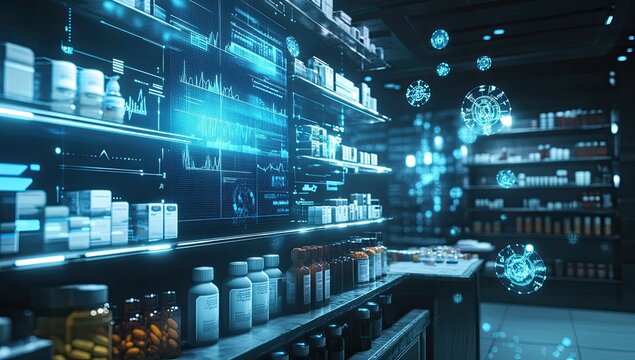 Futuristic pharmacy with digital displays and health data