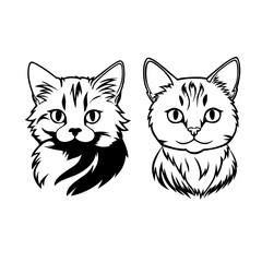 Stylized black and white vector set illustration of two cats, intricate fur details. One features a realistic long-haired cat, while the other has a modern, shaded design. Perfect for tattoo and logo