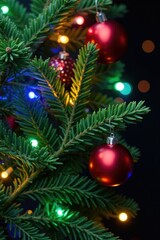 Fototapeta premium Holiday pine branch arrangement with multi-colored lights and festive ornaments, arrangement, decoration, holiday