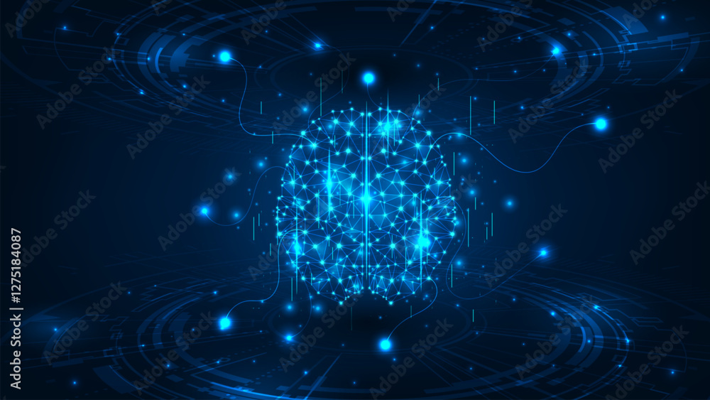 Poster artificial intelligence concept. glowing blue brain circuit with hud intreface. technology abstract 