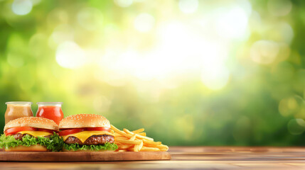 A delicious burger with cheese and fries served on a wooden board, set against a bright, blurred green background.