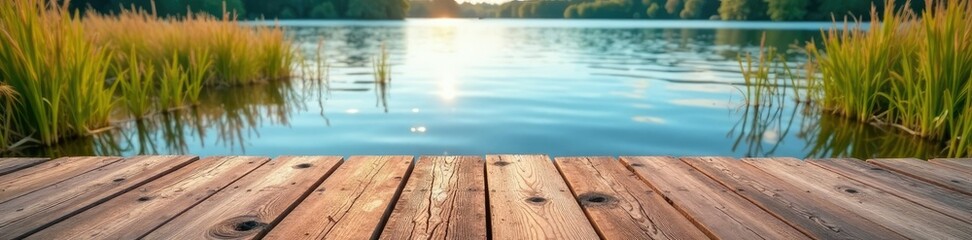 Fototapeta premium Horizontal wooden planks on a lake shore with reeds, reeds, planks