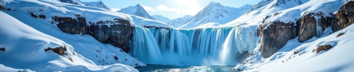 Snow-covered mountains with a frozen waterfall cascading down, frozen, nature