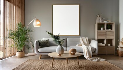 3D Scandinavian Style Decorated Room Interior Mockup Poster Frame Warmth and Minimalism Blend with Natural Textures in a Cozy, Inviting Atmosphere